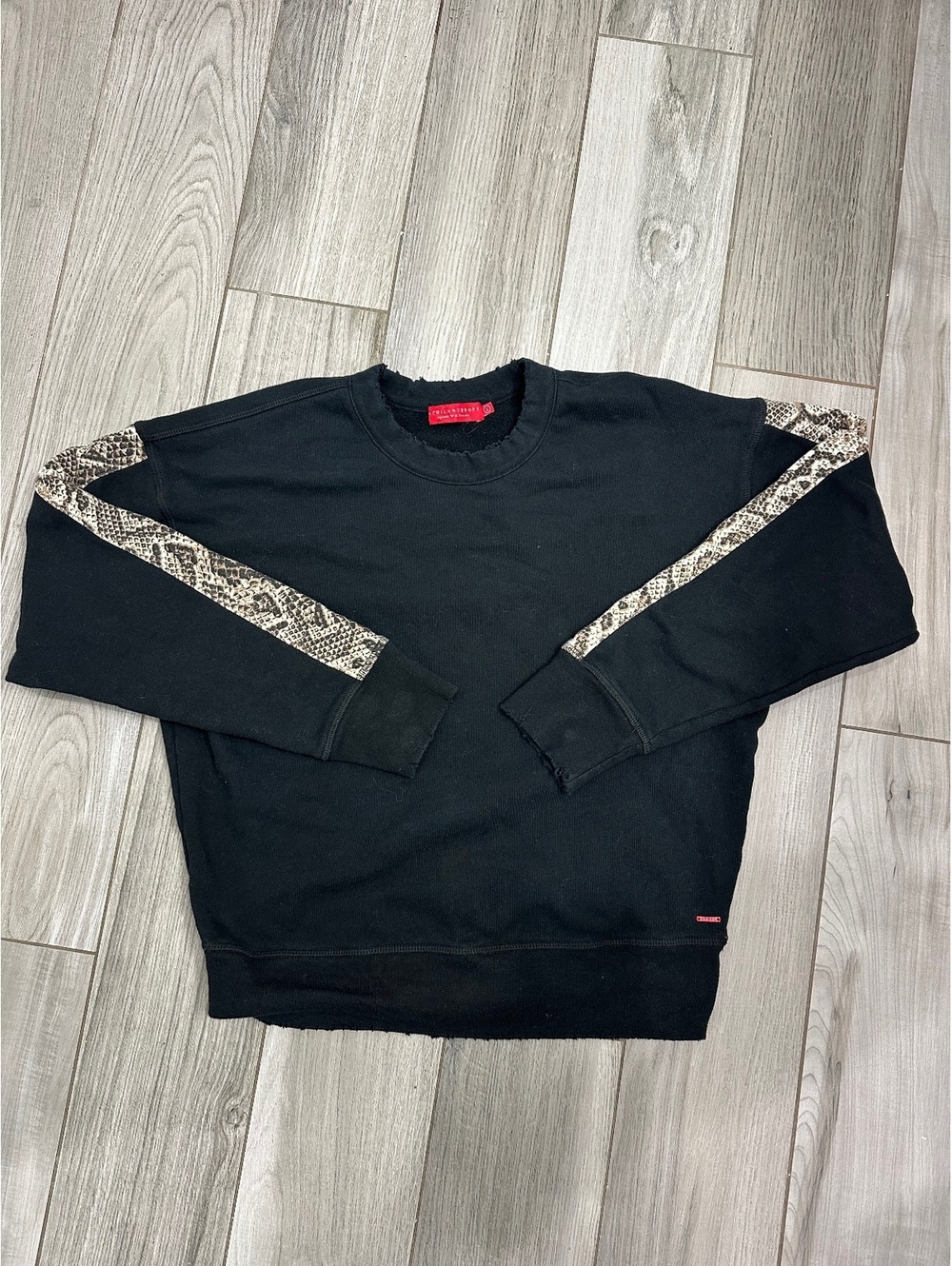 Philanthropy Black Sweatshirt with Snake Print Sleeve Detail Size L